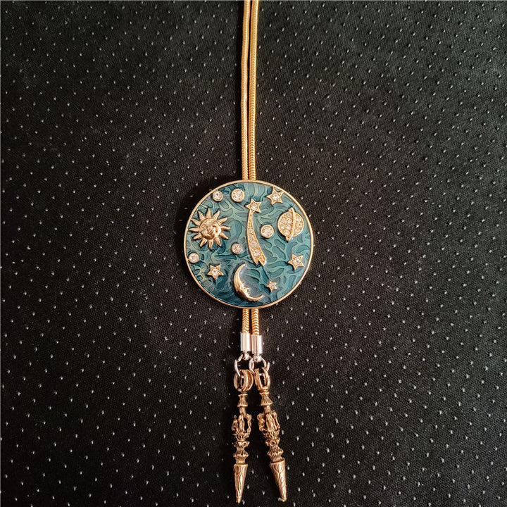 Cravate bolo vintage en strass avec motif soleil, croissant de lune et univers
