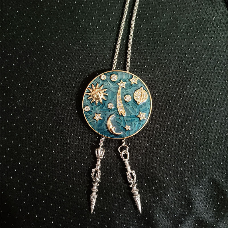 Cravate bolo vintage en strass avec motif soleil, croissant de lune et univers