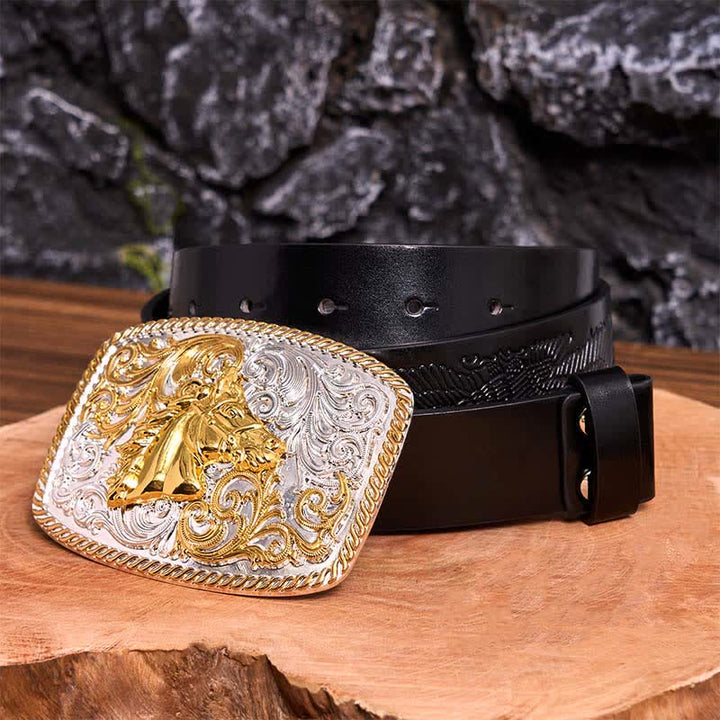 Ceinture en cuir à grande boucle avec tête de cheval dorée et argentée - Tête de cheval - Ceinture noire avec aigle en relief - 42 - image 6