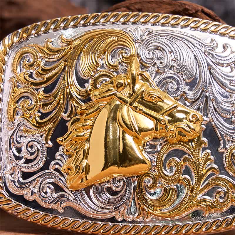 Ceinture en cuir à grande boucle avec tête de cheval dorée et argentée - image 4