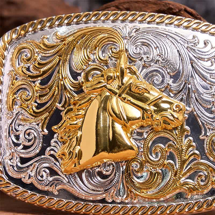 Ceinture en cuir à grande boucle avec tête de cheval dorée et argentée - image 4