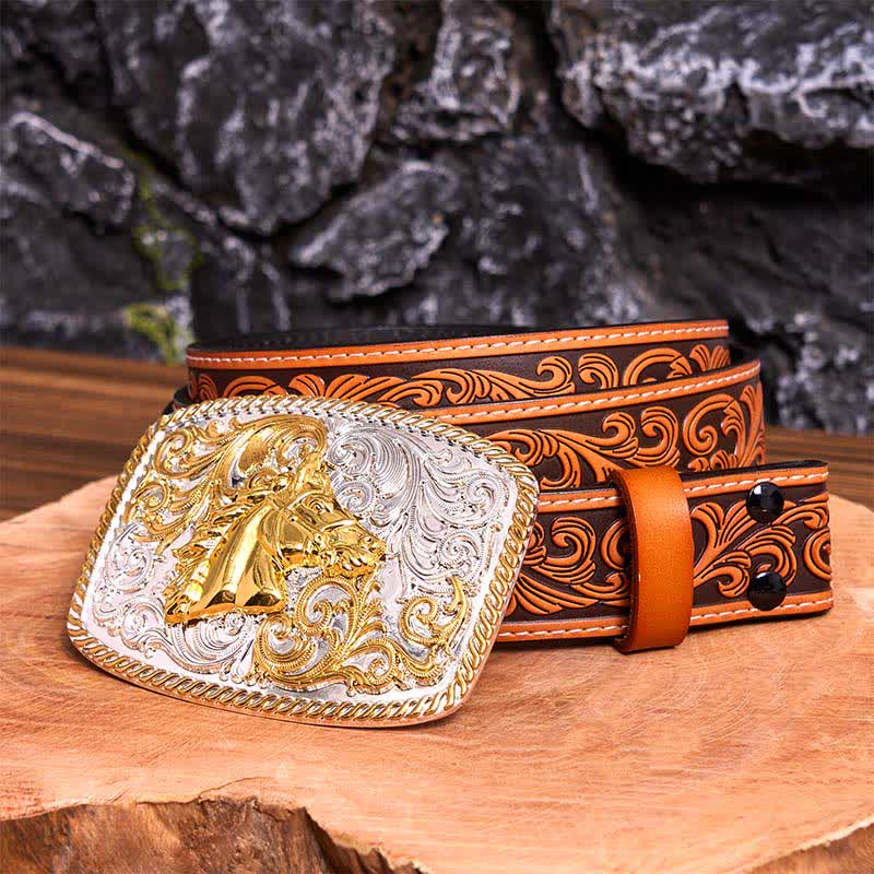 Ceinture en cuir à grande boucle avec tête de cheval dorée et argentée - Tête de cheval - Ceinture fleurie en relief orange - 42 - image 10