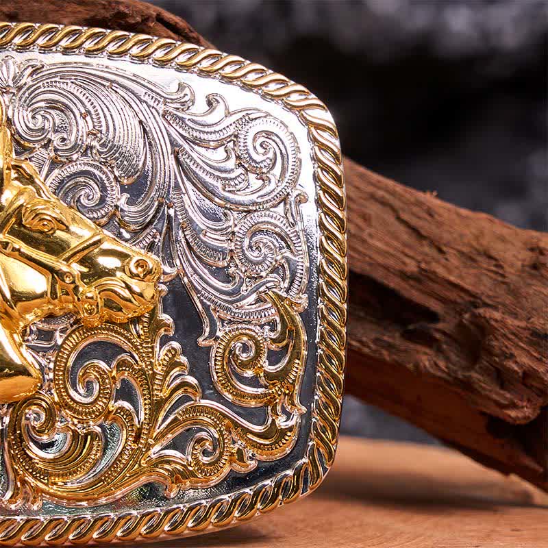 Ceinture en cuir à grande boucle avec tête de cheval dorée et argentée - image 5