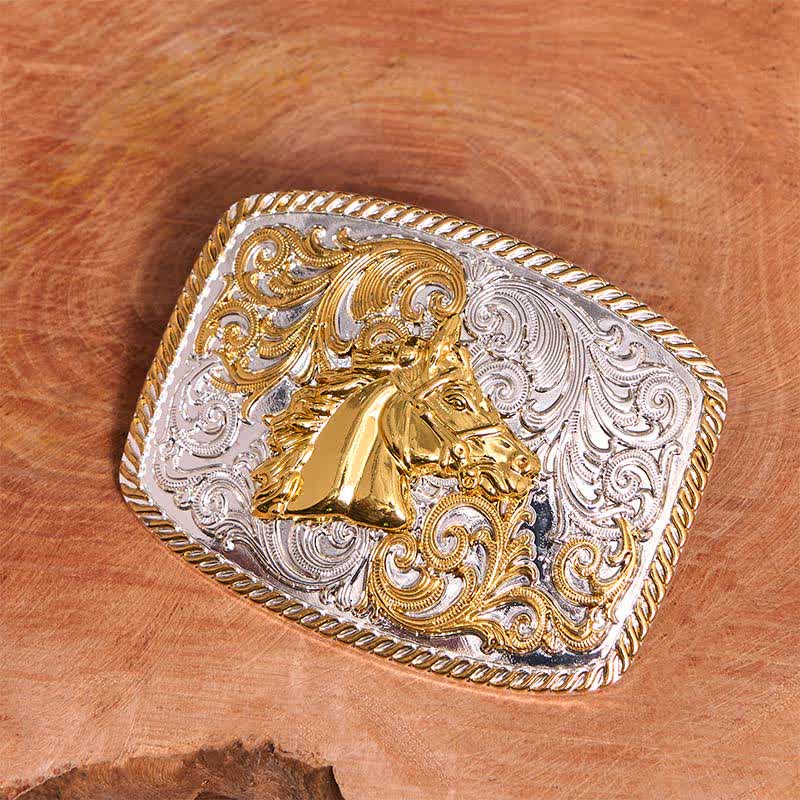 Ceinture en cuir à grande boucle avec tête de cheval dorée et argentée - image 2