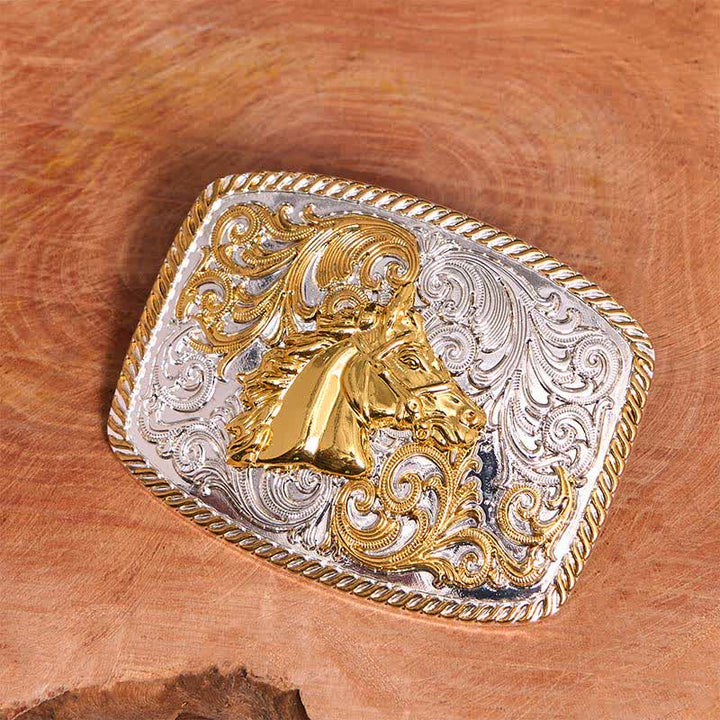 Ceinture en cuir à grande boucle avec tête de cheval dorée et argentée - image 2