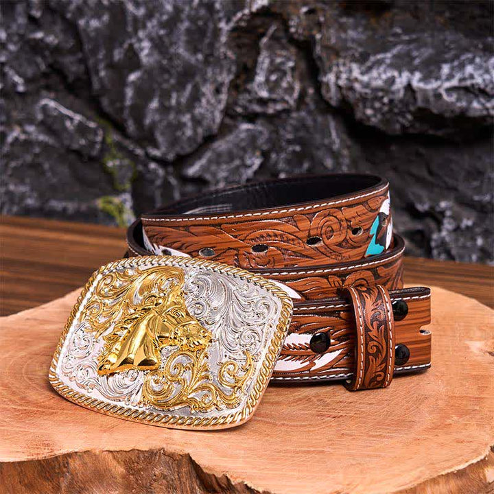 Ceinture en cuir à grande boucle avec tête de cheval dorée et argentée - Tête de cheval - Ceinture à plumes marron - 40 - image 11