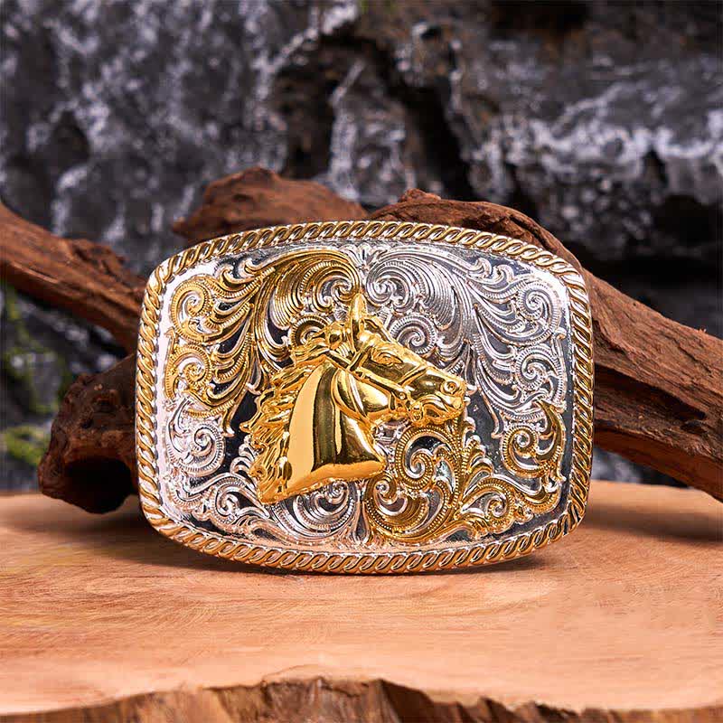 Ceinture en cuir à grande boucle avec tête de cheval dorée et argentée - Tête de cheval - Sans ceinture - Ceinture non incluse - image 1
