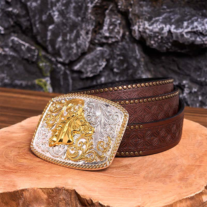 Ceinture en cuir à grande boucle avec tête de cheval dorée et argentée - Tête de cheval - Ceinture à rivets marron - 42 - image 8
