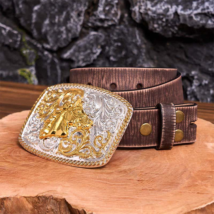 Ceinture en cuir à grande boucle avec tête de cheval dorée et argentée - Tête de cheval - Ceinture marron vieillie - 42 - image 9