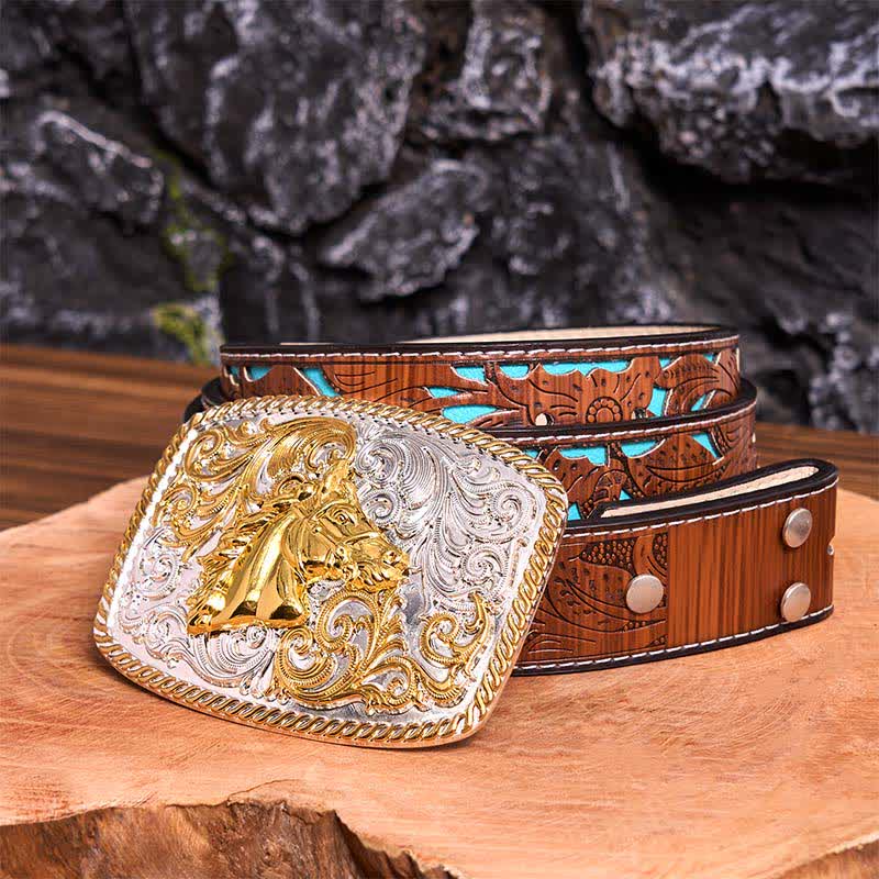 Ceinture en cuir à grande boucle avec tête de cheval dorée et argentée - Tête de cheval - Ceinture sculptée en turquoise - 42 - image 7