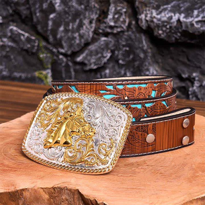 Ceinture en cuir à grande boucle avec tête de cheval dorée et argentée - Tête de cheval - Ceinture sculptée en turquoise - 42 - image 7