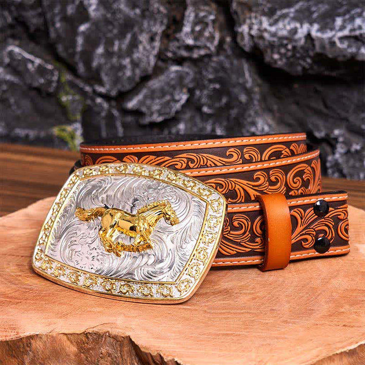 Ceinture en cuir à grande boucle, motif cheval au galop, or et argent, à faire soi-même - Cheval au galop - Ceinture fleurie en relief orange - 42 - image 10