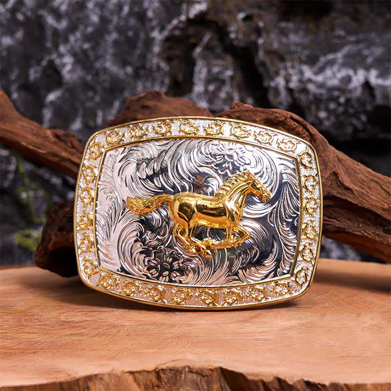 Ceinture en cuir à grande boucle, motif cheval au galop, or et argent, à faire soi-même - Cheval au galop - Sans ceinture - Ceinture non incluse - image 1
