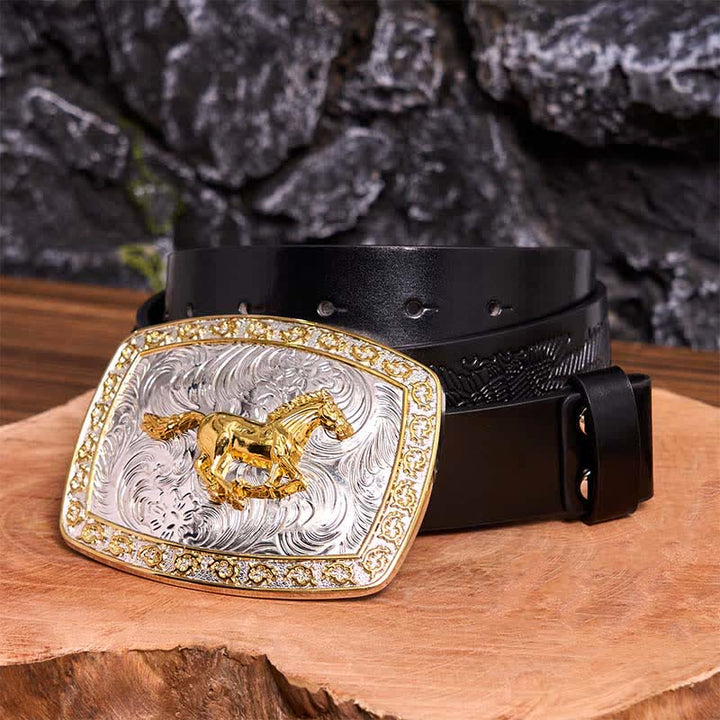 Ceinture en cuir à grande boucle, motif cheval au galop, or et argent, à faire soi-même - Cheval au galop - Ceinture noire avec aigle en relief - 42 - image 6