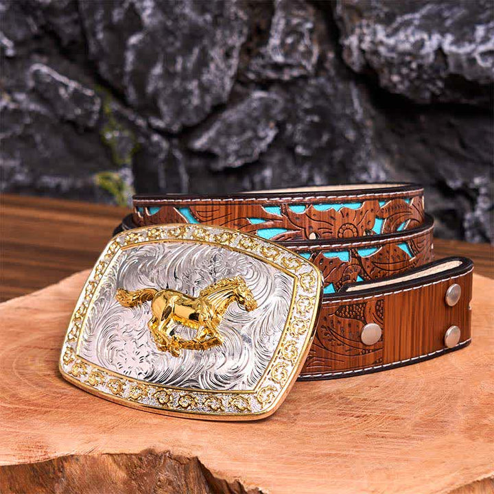 Ceinture en cuir à grande boucle, motif cheval au galop, or et argent, à faire soi-même - Cheval au galop - Ceinture sculptée en turquoise - 42 - image 7