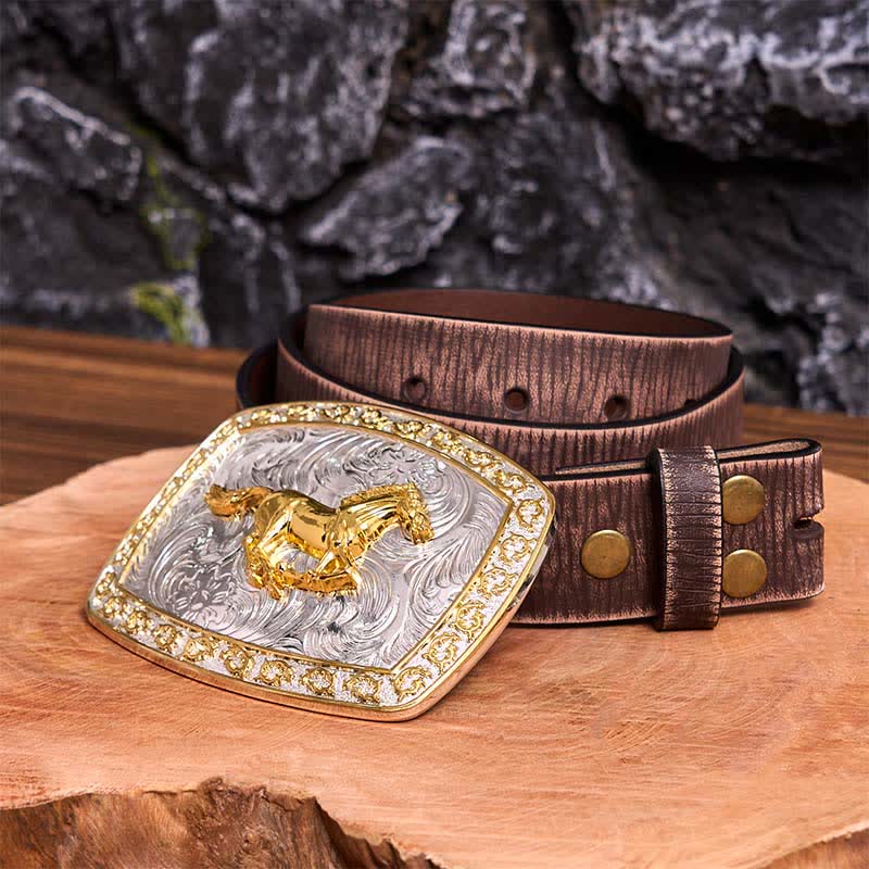 Ceinture en cuir à grande boucle, motif cheval au galop, or et argent, à faire soi-même - Cheval au galop - Ceinture marron vieillie - 42 - image 9