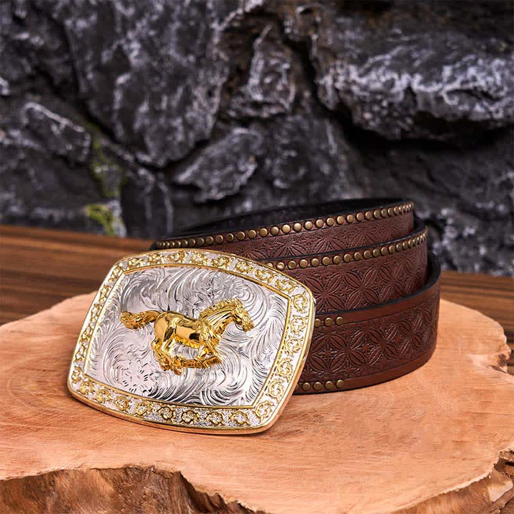 Ceinture en cuir à grande boucle, motif cheval au galop, or et argent, à faire soi-même - Cheval au galop - Ceinture à rivets marron - 42 - image 8