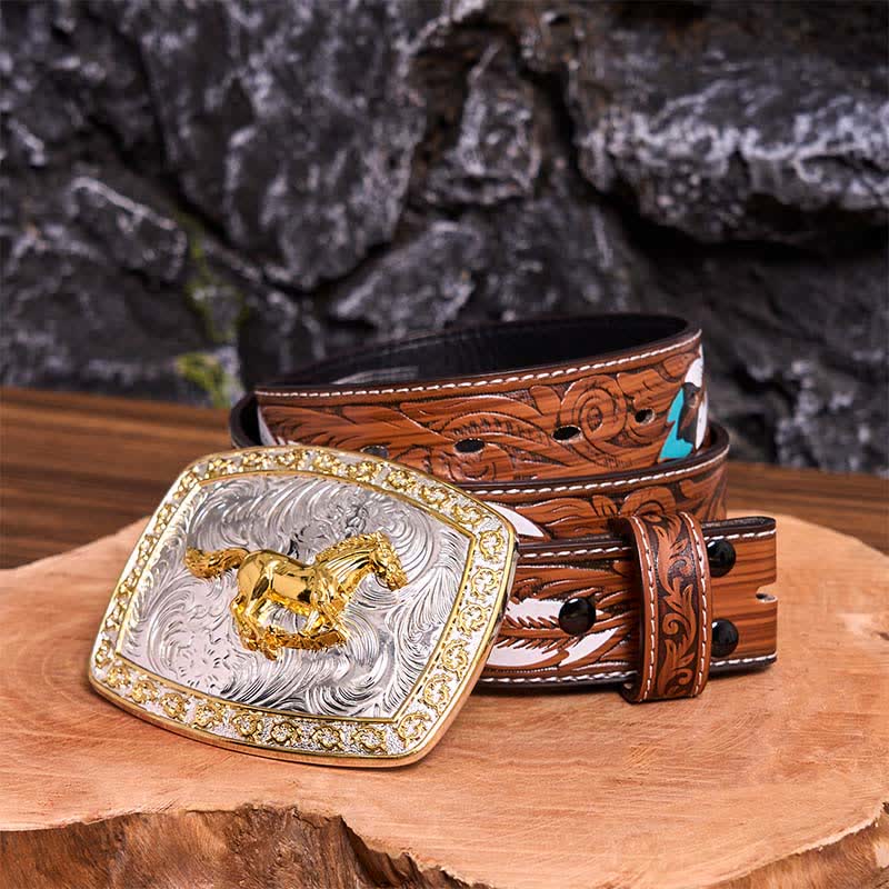 Ceinture en cuir à grande boucle, motif cheval au galop, or et argent, à faire soi-même - Cheval au galop - Ceinture à plumes marron - 40 - image 11