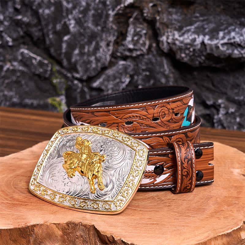Ceinture en cuir à grande boucle dorée et argentée pour l'équitation - Équitation - Ceinture à plumes marron - 40 - image 11
