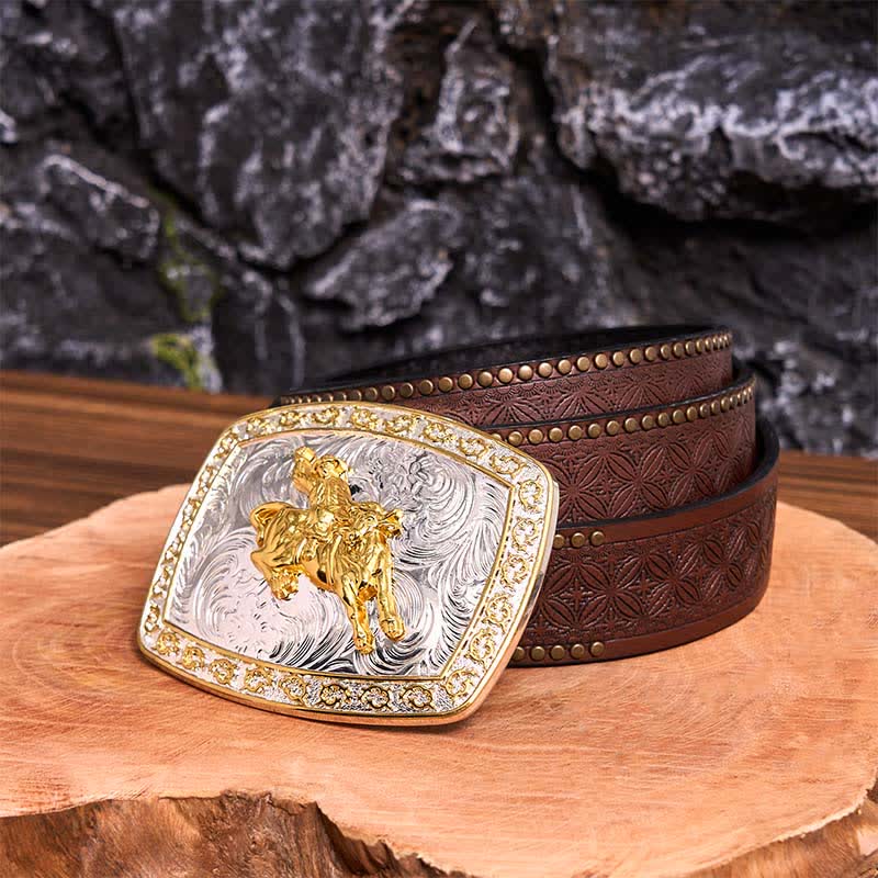 Ceinture en cuir à grande boucle dorée et argentée pour l'équitation - Équitation - Ceinture à rivets marron - 42 - image 8
