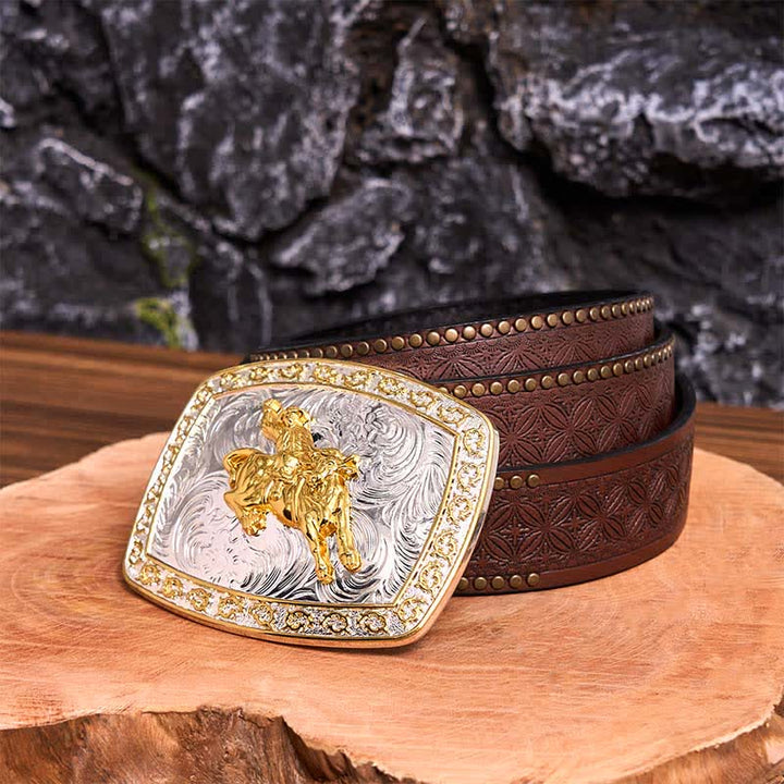 Ceinture en cuir à grande boucle dorée et argentée pour l'équitation - Équitation - Ceinture à rivets marron - 42 - image 8