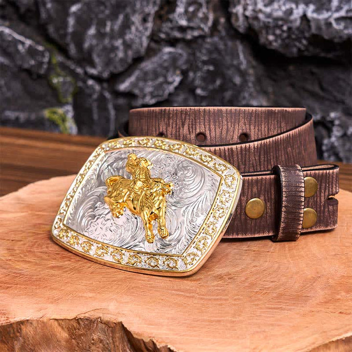 Ceinture en cuir à grande boucle dorée et argentée pour l'équitation - Équitation - Ceinture marron vieillie - 42 - image 9