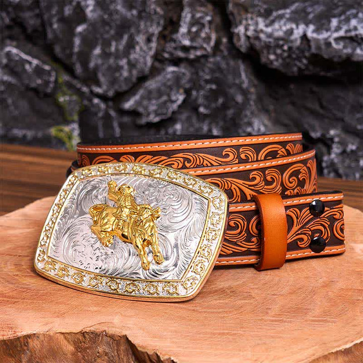 Ceinture en cuir à grande boucle dorée et argentée pour l'équitation - Équitation - Ceinture fleurie en relief orange - 42 - image 10