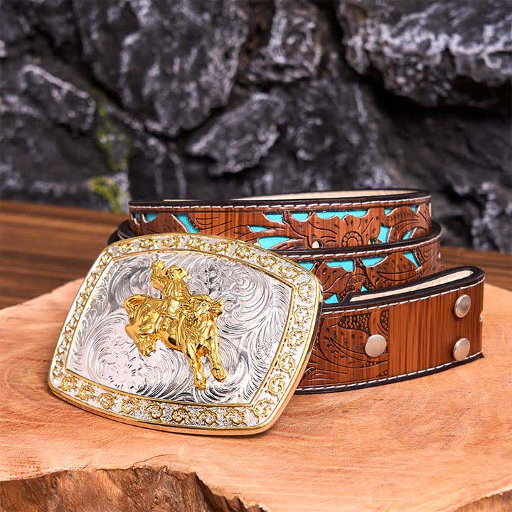 Ceinture en cuir à grande boucle dorée et argentée pour l'équitation - Équitation - Ceinture sculptée en turquoise - 42 - image 7