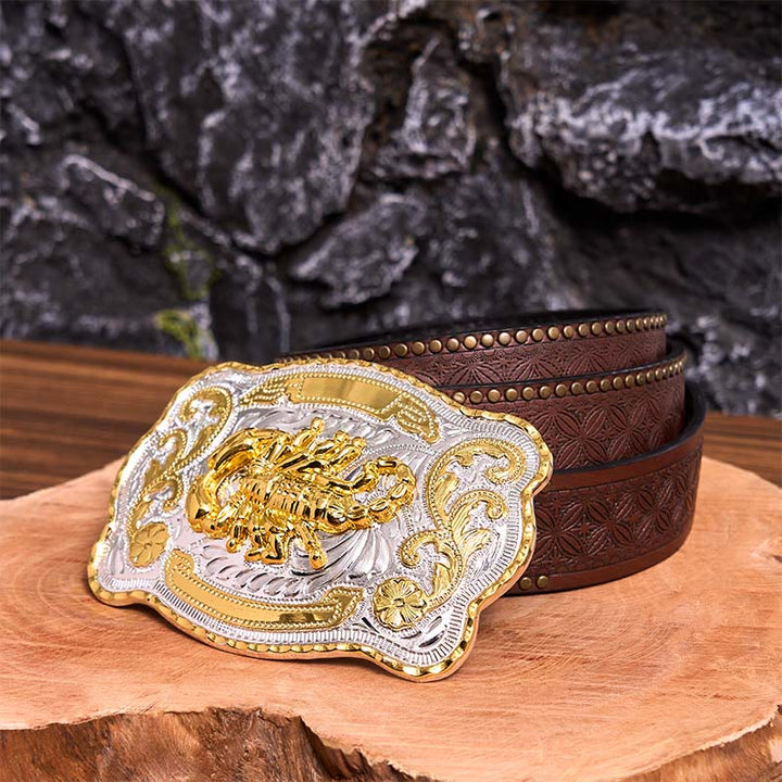 Ceinture en cuir à boucle DIY motif scorpion floral doré et argenté - Scorpion - Ceinture à rivets marron - 42 - image 8