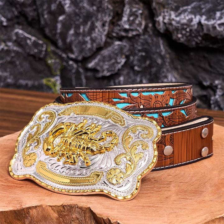 Ceinture en cuir à boucle DIY motif scorpion floral doré et argenté - Scorpion - Ceinture sculptée en turquoise - 42 - image 7