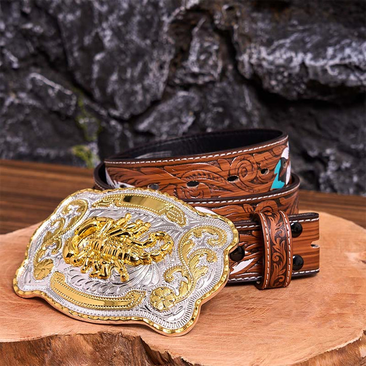 Ceinture en cuir à boucle DIY motif scorpion floral doré et argenté - Scorpion - Ceinture à plumes marron - 40 - image 11
