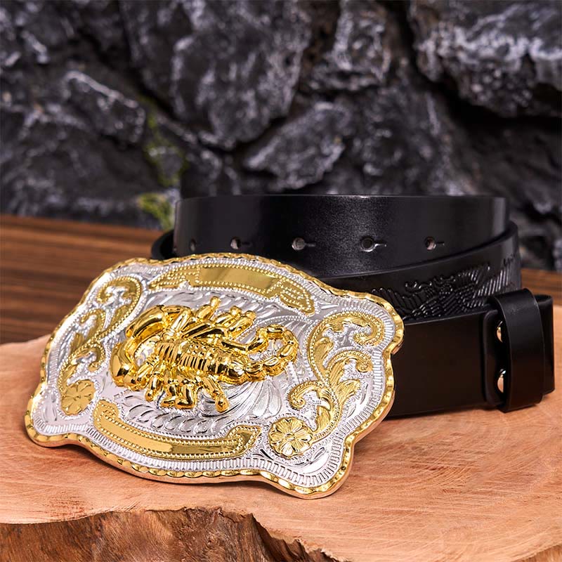 Ceinture en cuir à boucle DIY motif scorpion floral doré et argenté - Scorpion - Ceinture noire avec aigle en relief - 42 - image 6