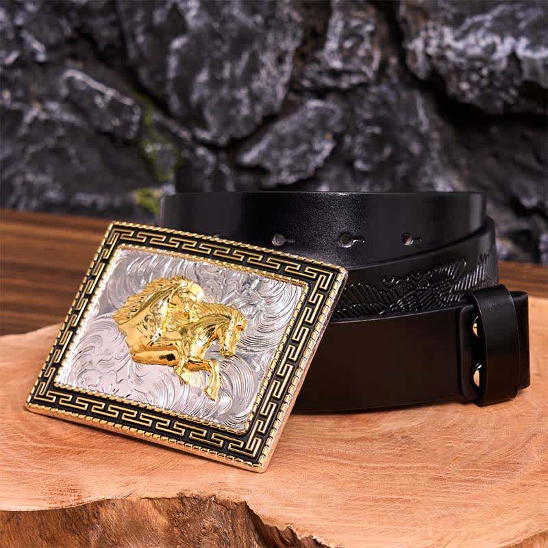 Ceinture en cuir à grande boucle rectangulaire dorée et noire avec doubles chevaux - Doubles chevaux - Ceinture noire avec aigle en relief - 42 - image 6