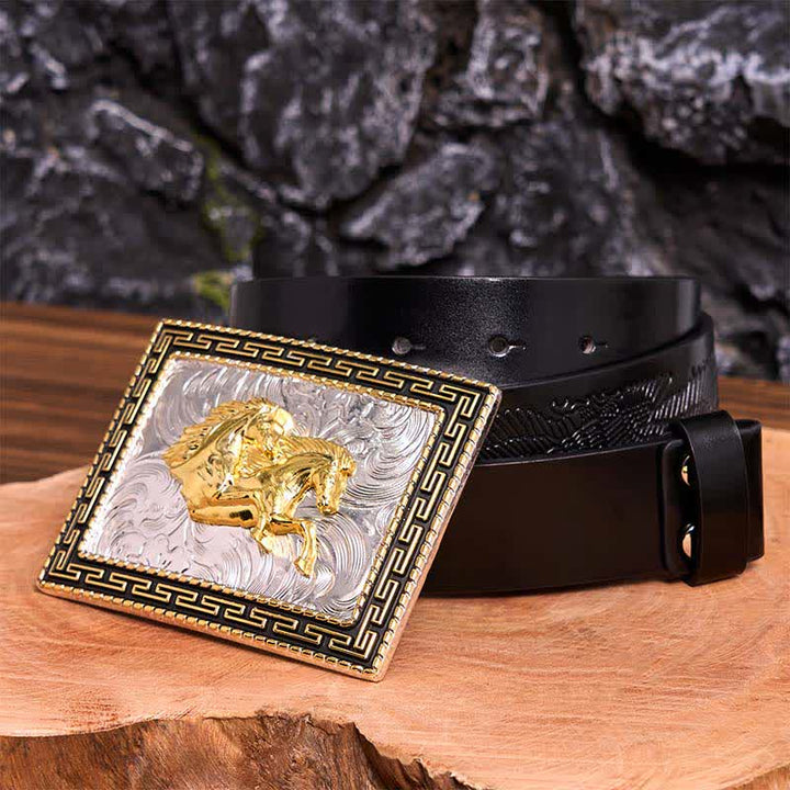Ceinture en cuir à grande boucle rectangulaire dorée et noire avec doubles chevaux - Doubles chevaux - Ceinture noire avec aigle en relief - 42 - image 6