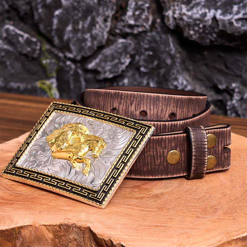 Ceinture en cuir à grande boucle rectangulaire dorée et noire avec doubles chevaux - Doubles chevaux - Ceinture marron vieillie - 42 - image 9