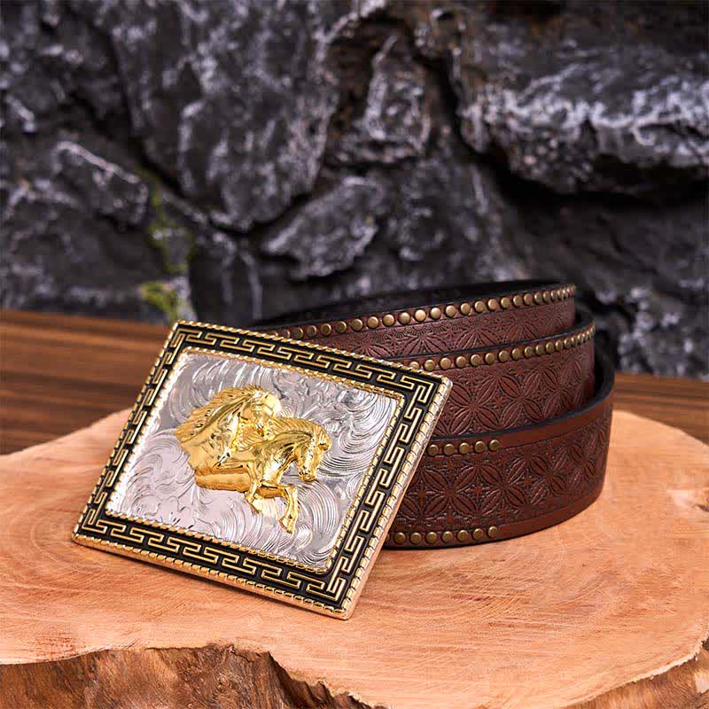 Ceinture en cuir à grande boucle rectangulaire dorée et noire avec doubles chevaux - Doubles chevaux - Ceinture à rivets marron - 42 - image 8