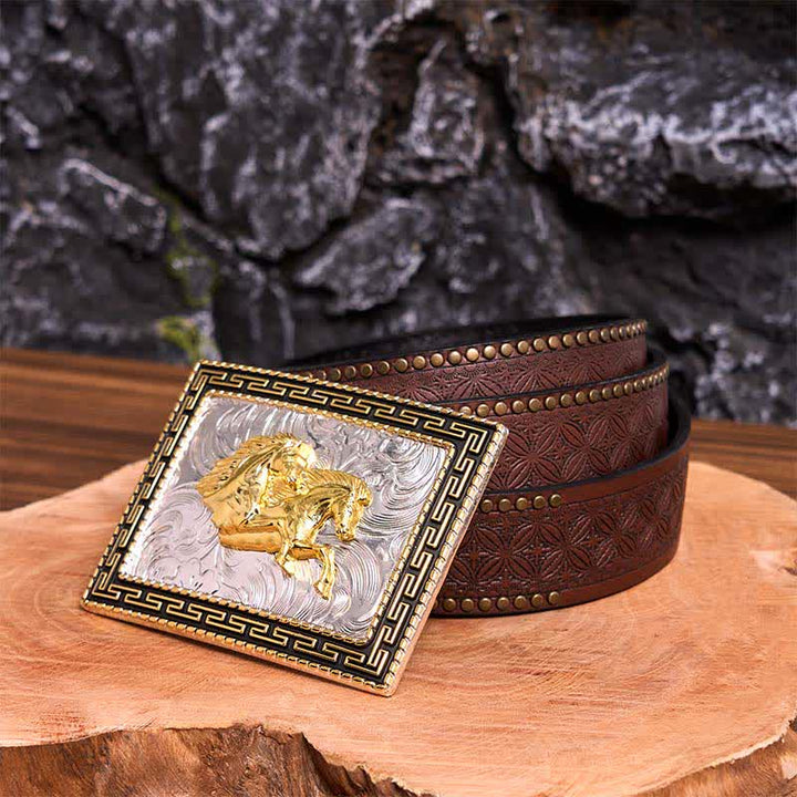 Ceinture en cuir à grande boucle rectangulaire dorée et noire avec doubles chevaux - Doubles chevaux - Ceinture à rivets marron - 42 - image 8