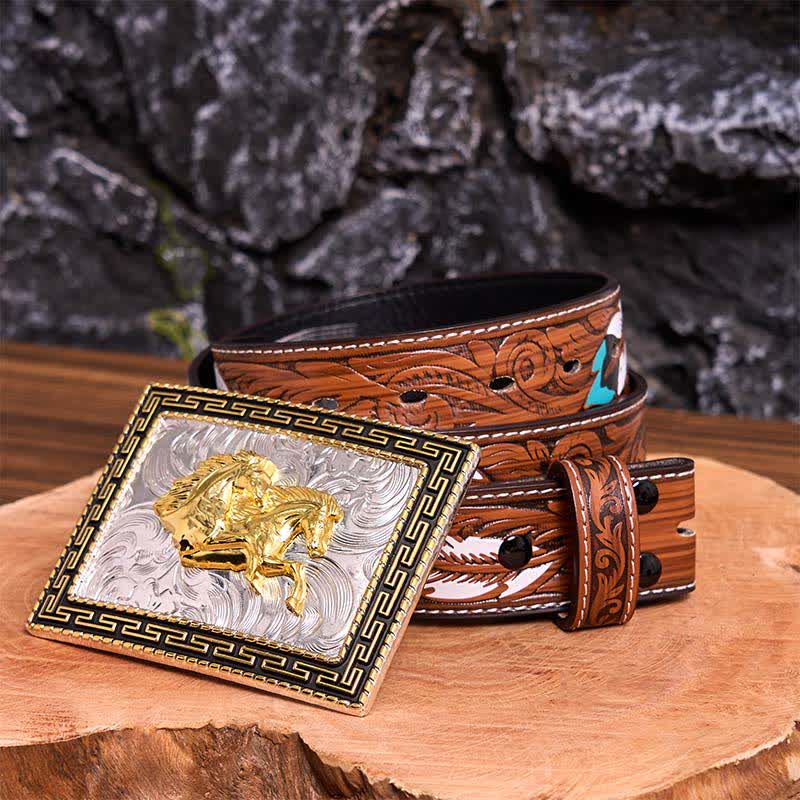 Ceinture en cuir à grande boucle rectangulaire dorée et noire avec doubles chevaux - Doubles chevaux - Ceinture à plumes marron - 40 - image 11