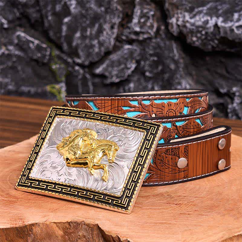 Ceinture en cuir à grande boucle rectangulaire dorée et noire avec doubles chevaux - Doubles chevaux - Ceinture sculptée en turquoise - 42 - image 7