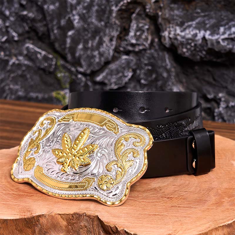 Ceinture en cuir à boucle DIY avec motif floral en érable doré et argenté - Érable - Ceinture noire avec aigle en relief - 42 - image 6