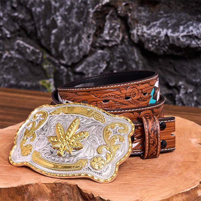 Ceinture en cuir à boucle DIY avec motif floral en érable doré et argenté - Érable - Ceinture à plumes marron - 40 - image 11