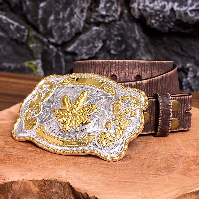 Ceinture en cuir à boucle DIY avec motif floral en érable doré et argenté - Érable - Ceinture marron vieillie - 42 - image 9
