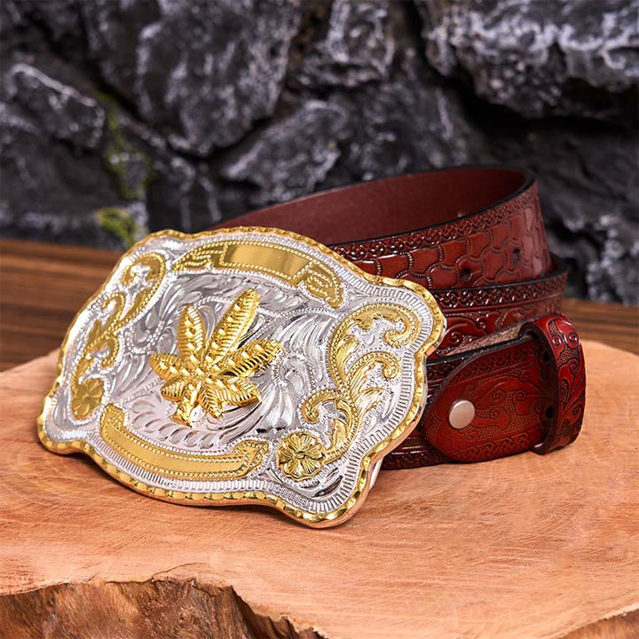 Ceinture en cuir à boucle DIY avec motif floral en érable doré et argenté - Érable - Ceinture marron sculptée - 42 - image 10