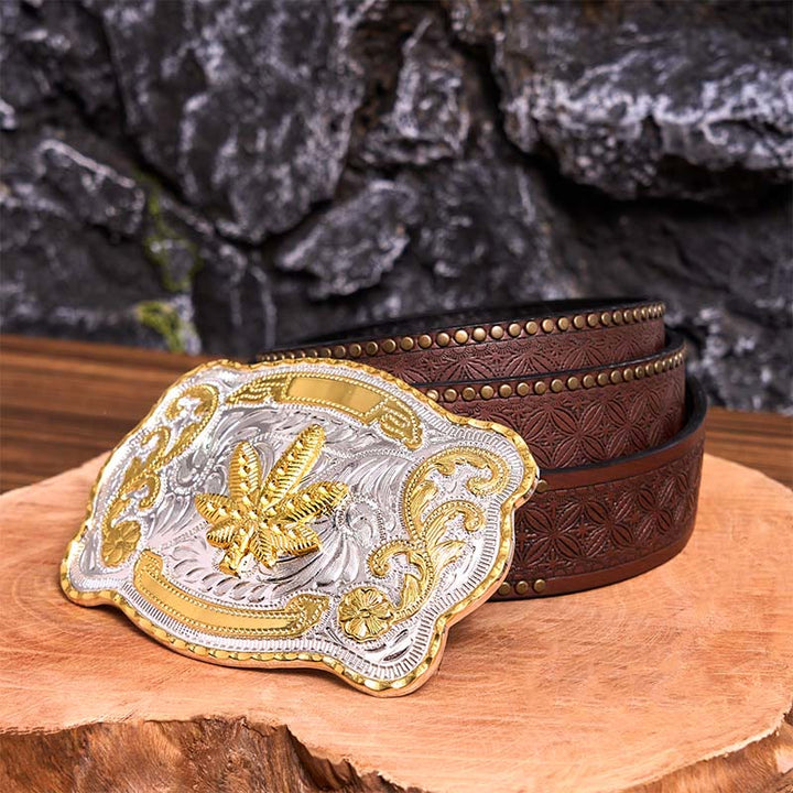 Ceinture en cuir à boucle DIY avec motif floral en érable doré et argenté - Érable - Ceinture à rivets marron - 42 - image 8