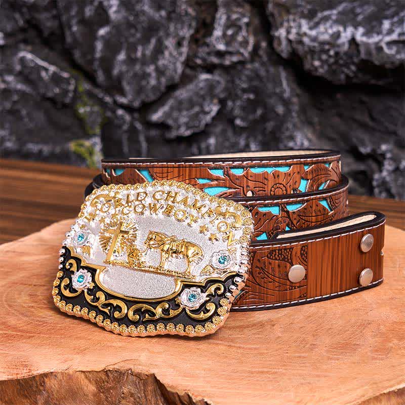 Ceinture en cuir à grande boucle avec croix de prière et motif cowboy champion du monde à faire soi-même - Prière - Ceinture sculptée en turquoise - 42 - image 7
