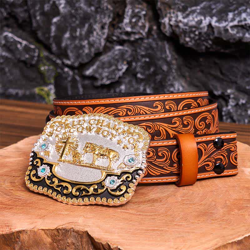 Ceinture en cuir à grande boucle avec croix de prière et motif cowboy champion du monde à faire soi-même - Prière - Ceinture fleurie en relief orange - 42 - image 10