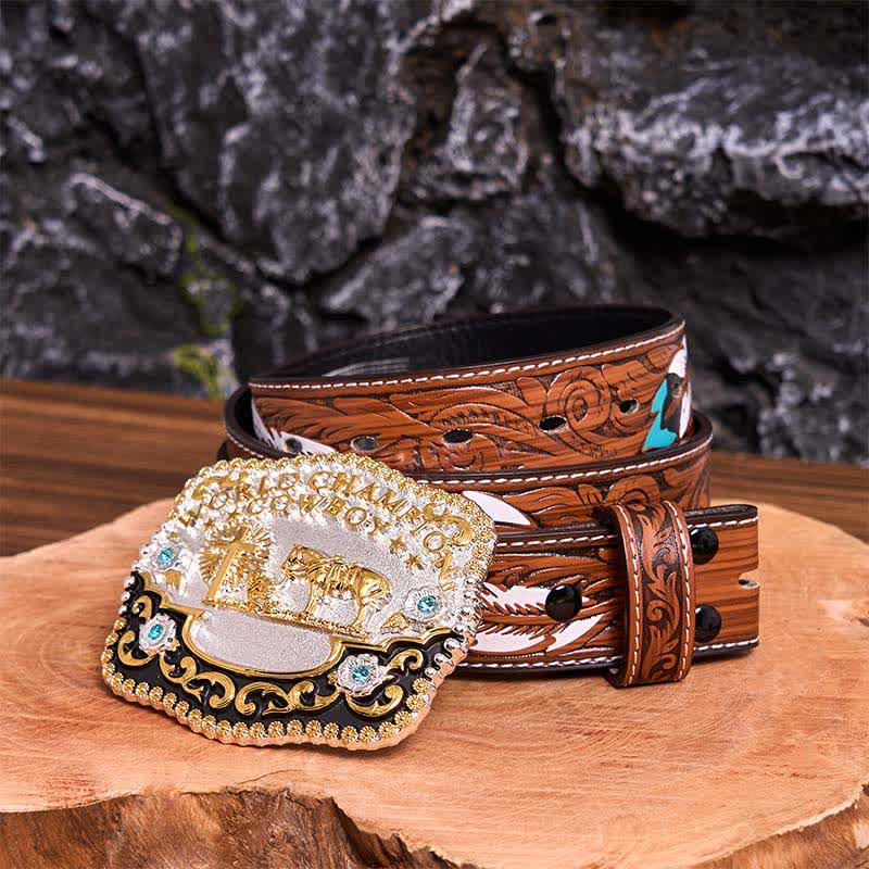 Ceinture en cuir à grande boucle avec croix de prière et motif cowboy champion du monde à faire soi-même - Prière - Ceinture à plumes marron - 40 - image 11