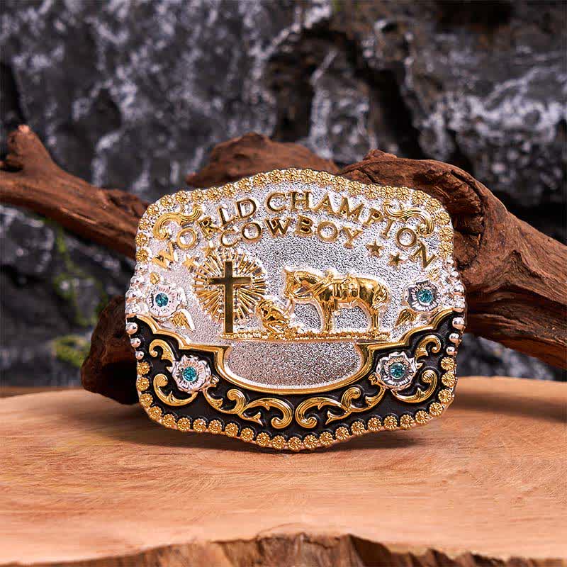 Ceinture en cuir à grande boucle avec croix de prière et motif cowboy champion du monde à faire soi-même - Prière - Sans ceinture - Ceinture non incluse - image 1