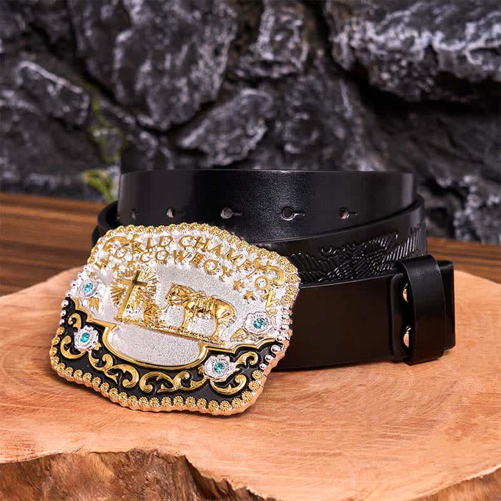 Ceinture en cuir à grande boucle avec croix de prière et motif cowboy champion du monde à faire soi-même - Prière - Ceinture noire avec aigle en relief - 42 - image 6