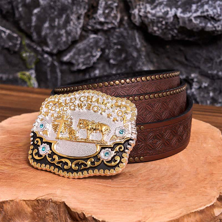Ceinture en cuir à grande boucle avec croix de prière et motif cowboy champion du monde à faire soi-même - Prière - Ceinture à rivets marron - 42 - image 8
